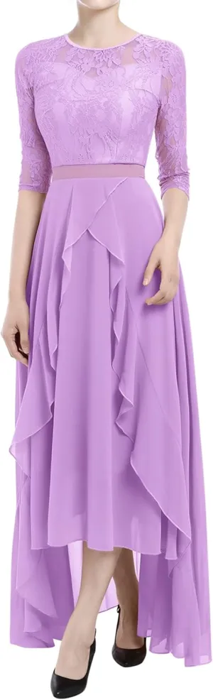 Women's Floral Lace Long Bridesmaid Dress Maxi Formal Wedding Party 3/4 Sleeves V-Neck Retro Evening Dance Gown