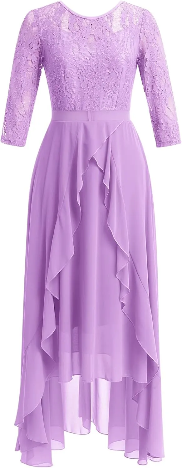 Women's Floral Lace Long Bridesmaid Dress Maxi Formal Wedding Party 3/4 Sleeves V-Neck Retro Evening Dance Gown
