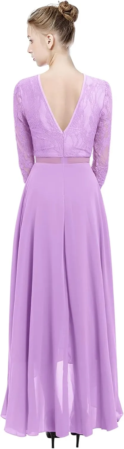 Women's Floral Lace Long Bridesmaid Dress Maxi Formal Wedding Party 3/4 Sleeves V-Neck Retro Evening Dance Gown