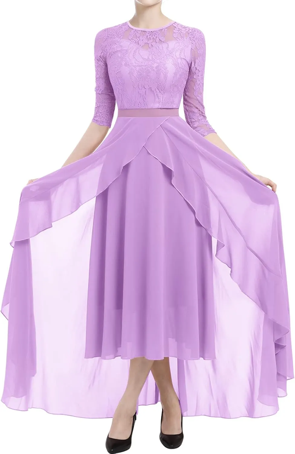 Women's Floral Lace Long Bridesmaid Dress Maxi Formal Wedding Party 3/4 Sleeves V-Neck Retro Evening Dance Gown