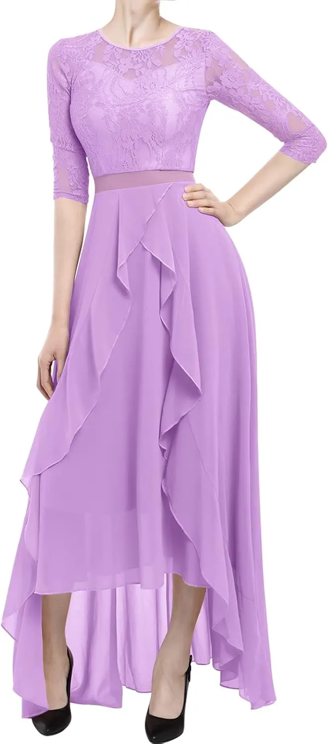 Women's Floral Lace Long Bridesmaid Dress Maxi Formal Wedding Party 3/4 Sleeves V-Neck Retro Evening Dance Gown