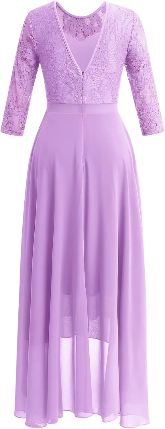 Women's Floral Lace Long Bridesmaid Dress Maxi Formal Wedding Party 3/4 Sleeves V-Neck Retro Evening Dance Gown