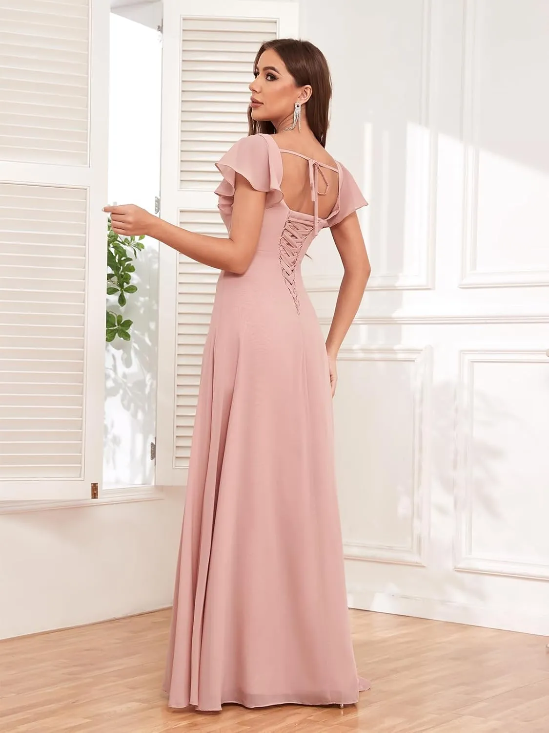 Women's Flutter Short Sleeve Bridesmaid Dresses for Wedding Square Neck A-line Chiffon Long Formal Party Dress with Slit