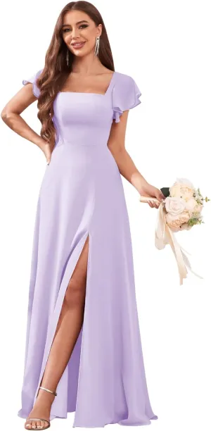 Women's Flutter Short Sleeve Bridesmaid Dresses for Wedding Square Neck A-line Chiffon Long Formal Party Dress with Slit