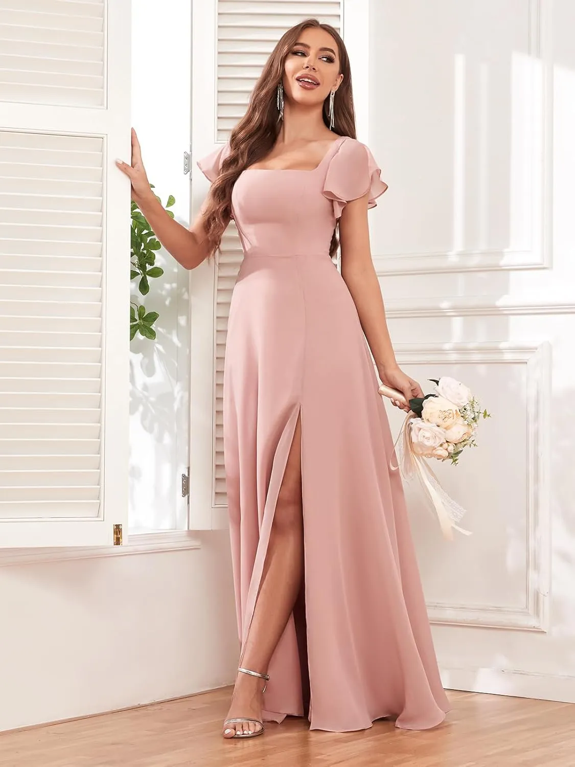 Women's Flutter Short Sleeve Bridesmaid Dresses for Wedding Square Neck A-line Chiffon Long Formal Party Dress with Slit