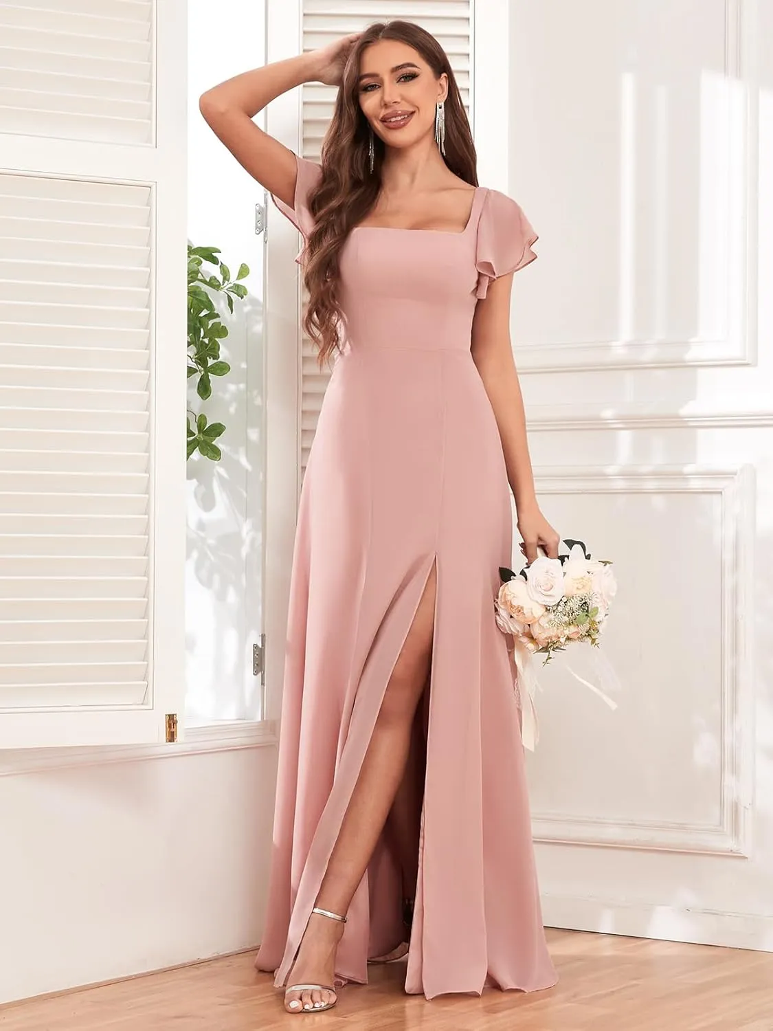 Women's Flutter Short Sleeve Bridesmaid Dresses for Wedding Square Neck A-line Chiffon Long Formal Party Dress with Slit
