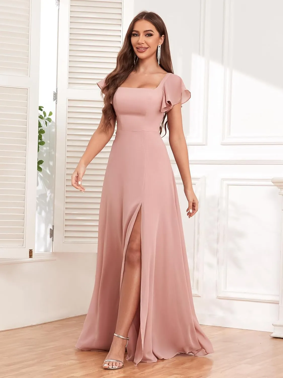 Women's Flutter Short Sleeve Bridesmaid Dresses for Wedding Square Neck A-line Chiffon Long Formal Party Dress with Slit