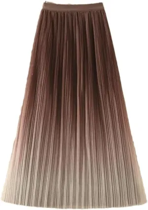 Women's Gradient Casual Pleated Skirt Elastic Waist Slim Midi Skirt