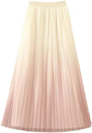 Women's Gradient Casual Pleated Skirt Elastic Waist Slim Midi Skirt