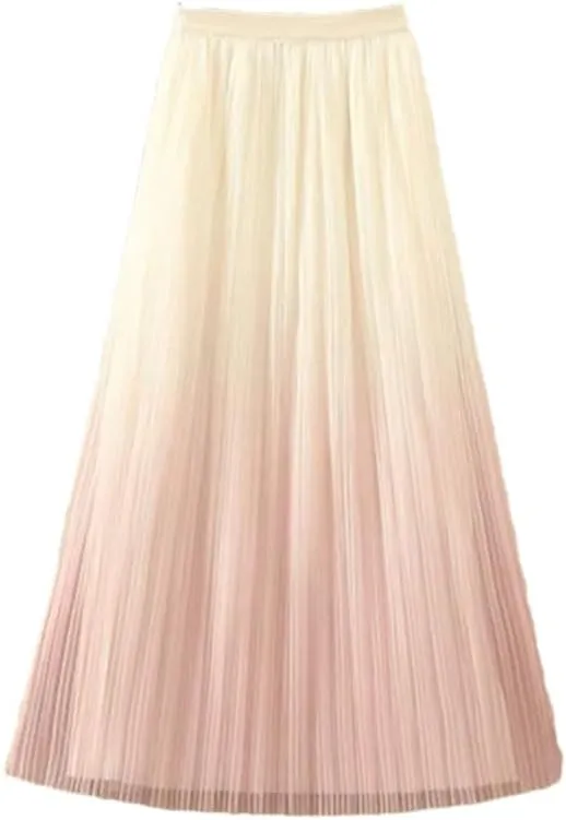 Women's Gradient Casual Pleated Skirt Elastic Waist Slim Midi Skirt