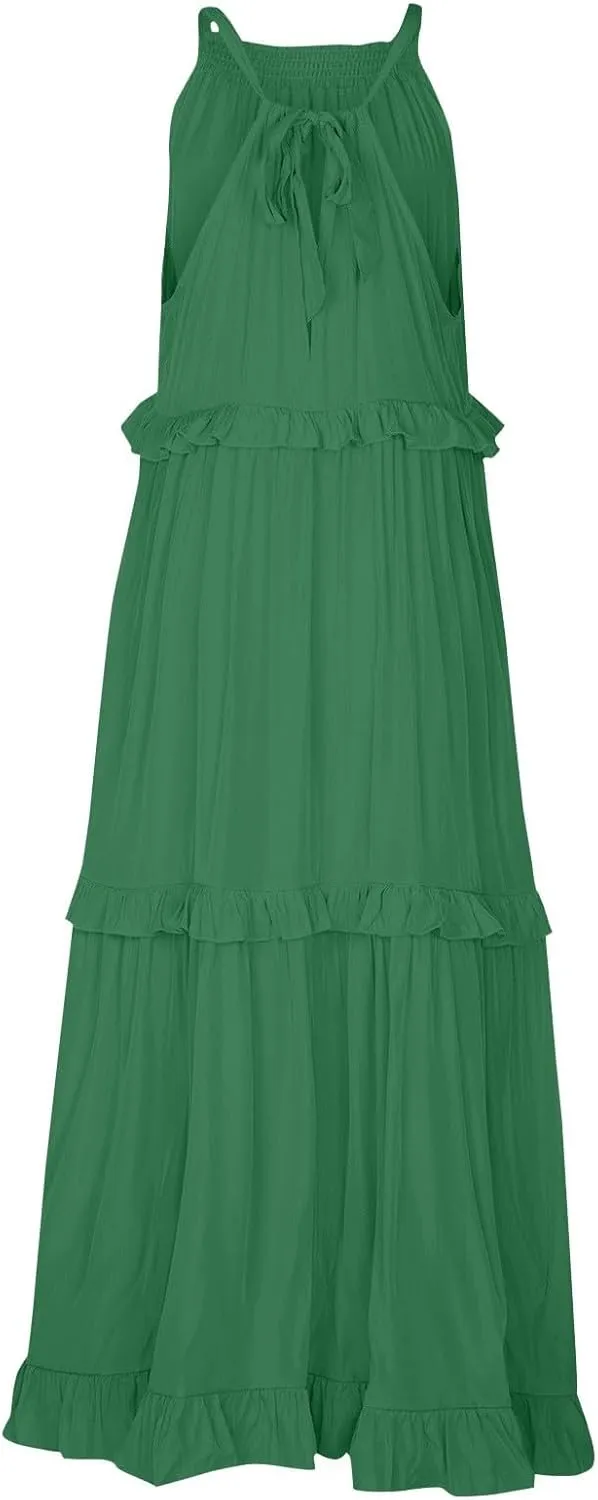 Womens Halter Maxi Dress Sleeveless Sexy Tiered Flowy Summer Loose Smocked Ruffle Swing Beach Dress with Pockets