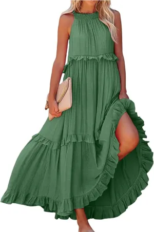 Womens Halter Maxi Dress Sleeveless Sexy Tiered Flowy Summer Loose Smocked Ruffle Swing Beach Dress with Pockets