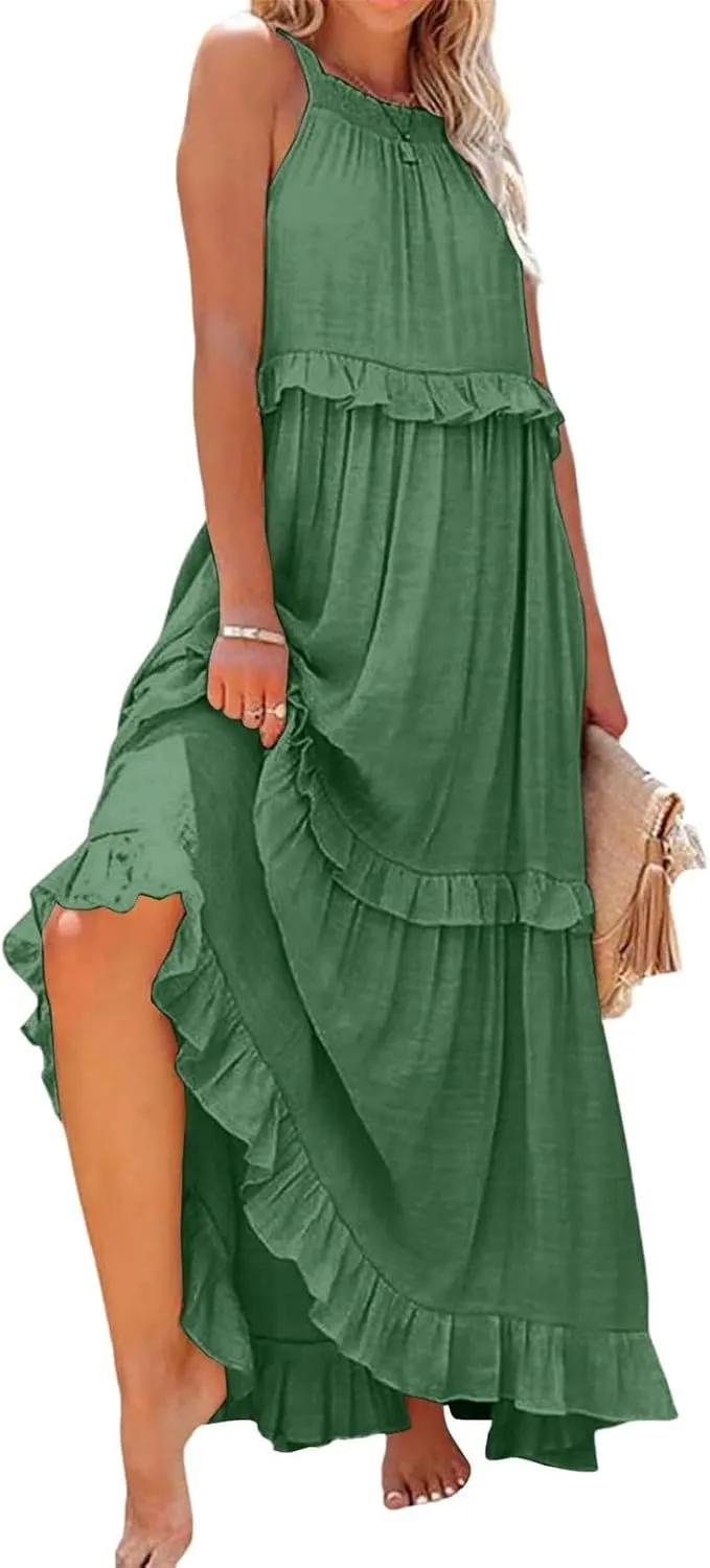 Womens Halter Maxi Dress Sleeveless Sexy Tiered Flowy Summer Loose Smocked Ruffle Swing Beach Dress with Pockets