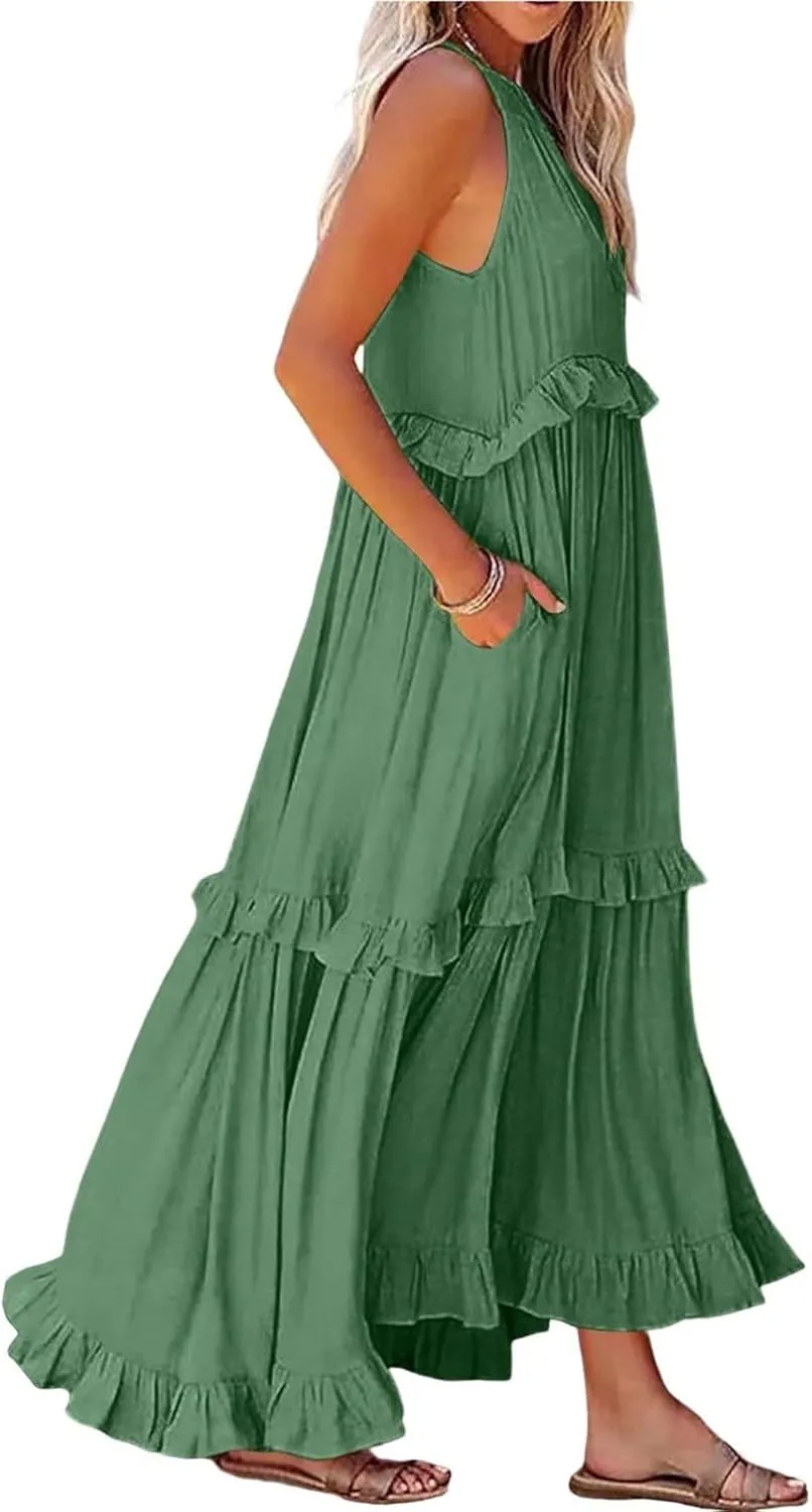 Womens Halter Maxi Dress Sleeveless Sexy Tiered Flowy Summer Loose Smocked Ruffle Swing Beach Dress with Pockets