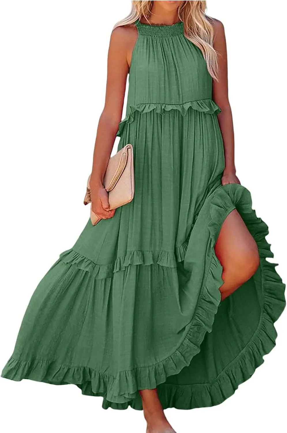 Womens Halter Maxi Dress Sleeveless Sexy Tiered Flowy Summer Loose Smocked Ruffle Swing Beach Dress with Pockets