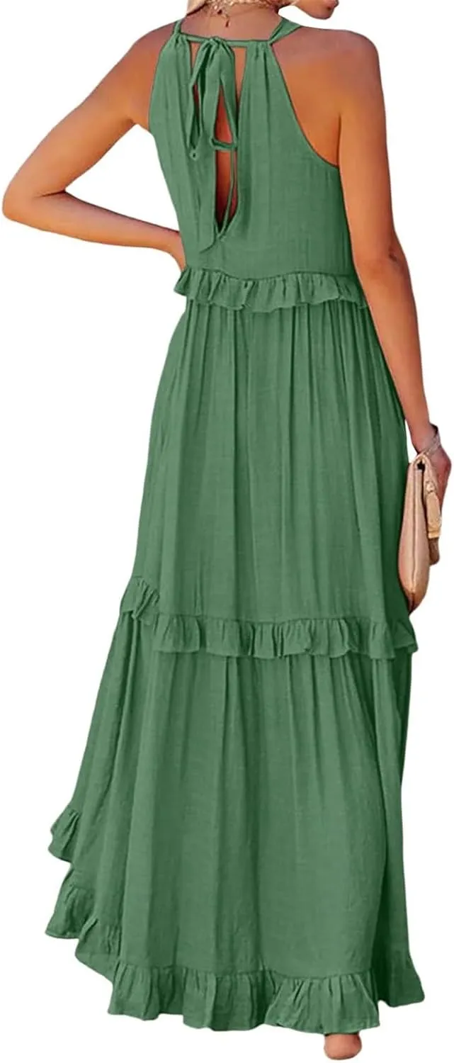 Womens Halter Maxi Dress Sleeveless Sexy Tiered Flowy Summer Loose Smocked Ruffle Swing Beach Dress with Pockets