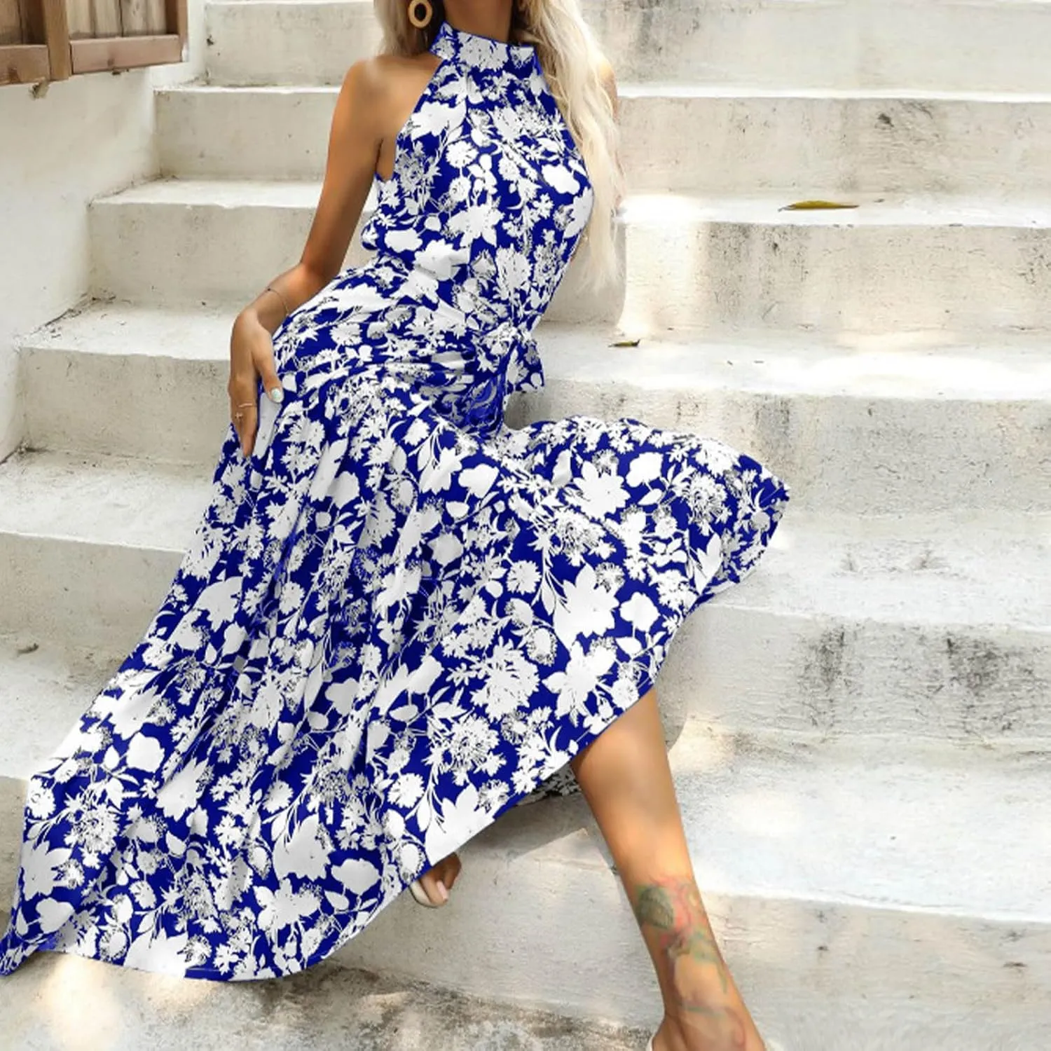 Women's Halter Neck Maxi Beach Dress Summer Boho Floral Sleeveless Lace-Up A-Line Dresses Flowy High Waist Sundress