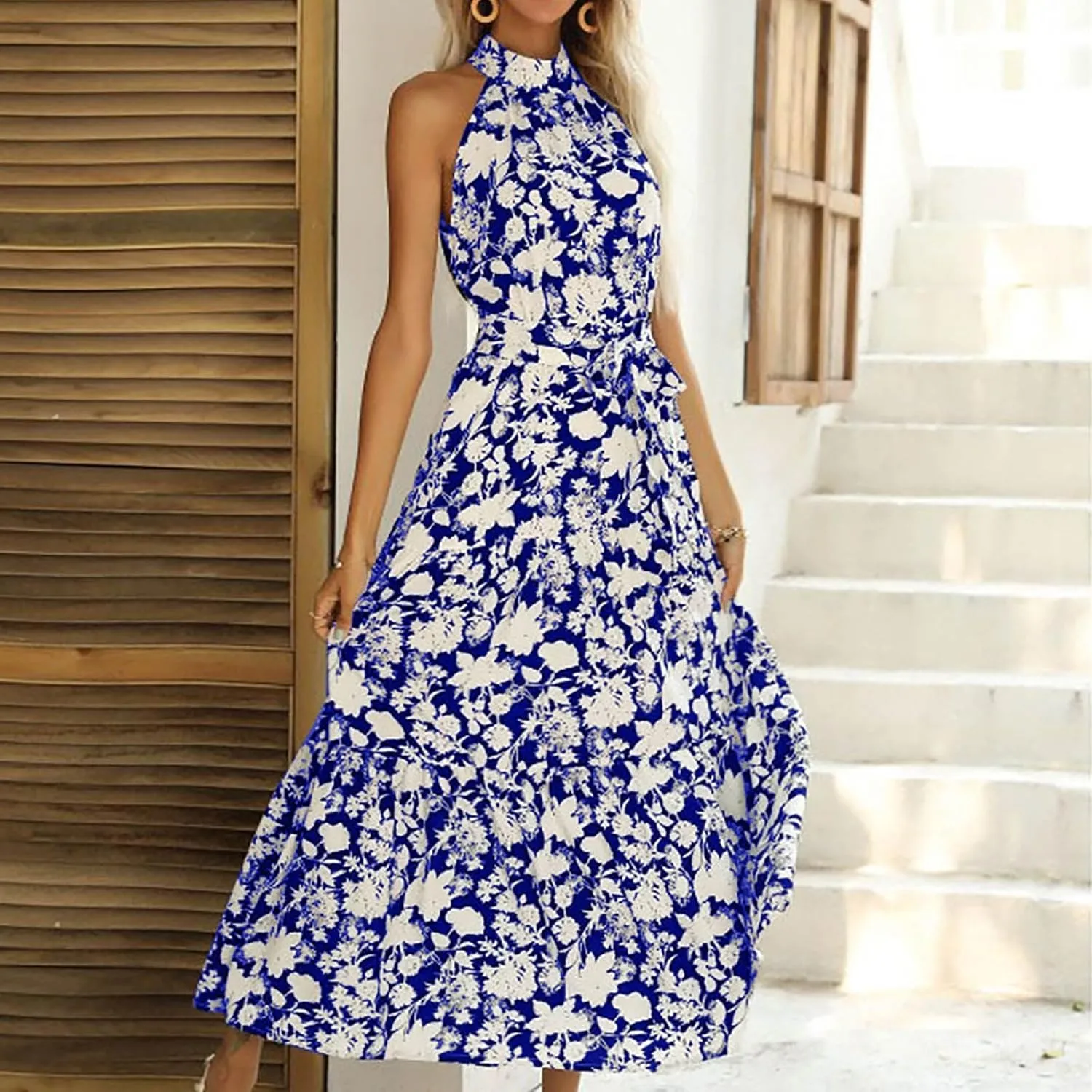 Women's Halter Neck Maxi Beach Dress Summer Boho Floral Sleeveless Lace-Up A-Line Dresses Flowy High Waist Sundress