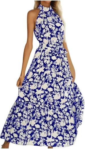 Women's Halter Neck Maxi Beach Dress Summer Boho Floral Sleeveless Lace-Up A-Line Dresses Flowy High Waist Sundress