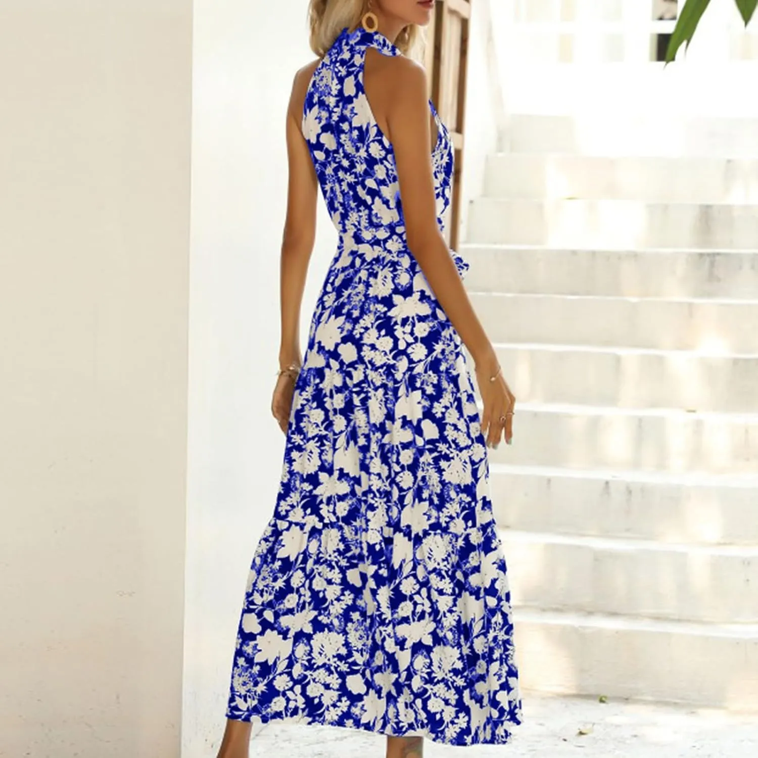 Women's Halter Neck Maxi Beach Dress Summer Boho Floral Sleeveless Lace-Up A-Line Dresses Flowy High Waist Sundress