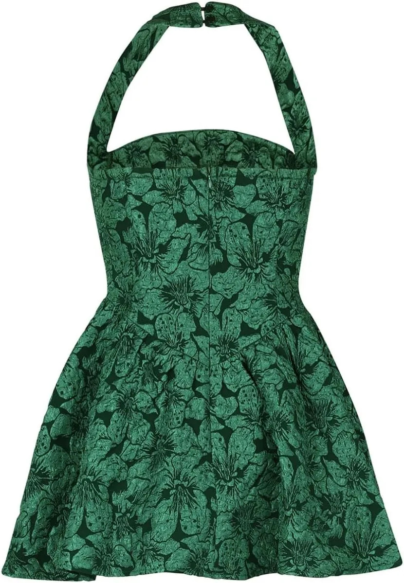Women's Halter Ruffle Hem Mini Dress Floral Sleeveless Corset Short Backless Party Dresses
