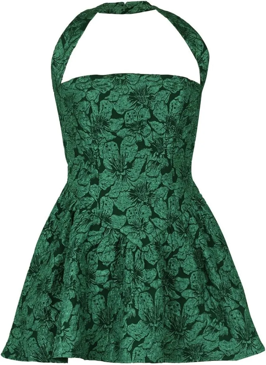 Women's Halter Ruffle Hem Mini Dress Floral Sleeveless Corset Short Backless Party Dresses
