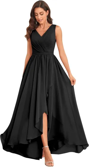 Women's High Low V Neck Bridesmaid Dresses Long with Slit Ruffle Pleated Chiffon Formal Dress