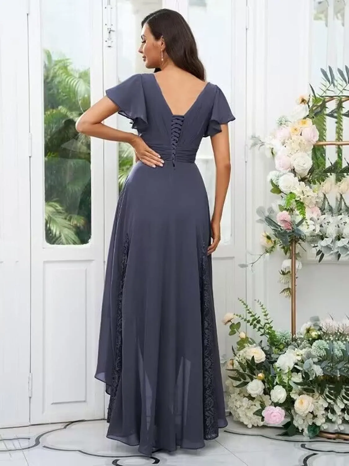 Womens Lace Tea Length Mother of The Bride Dresses Short Sleeve Wedding Guest Dress Formal Evening Gown LA91