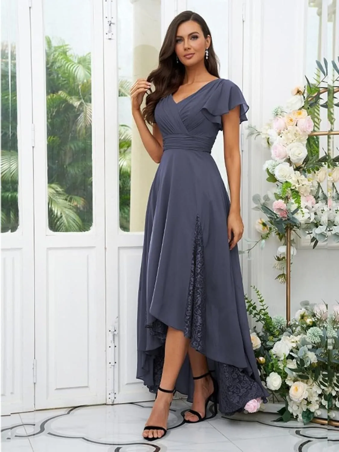 Womens Lace Tea Length Mother of The Bride Dresses Short Sleeve Wedding Guest Dress Formal Evening Gown LA91