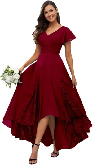 Womens Lace Tea Length Mother of The Bride Dresses Short Sleeve Wedding Guest Dress Formal Evening Gown LA91
