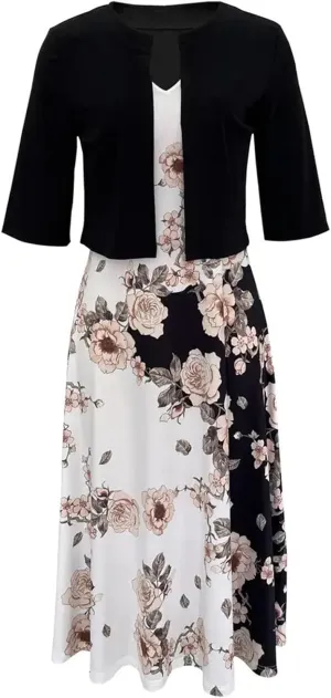Womens Linen Dress with Jacket 2 Piece Outfit Floral Sleeveless Loose Maxi Summer Dresses Formal Casual Beach Swing Dresses