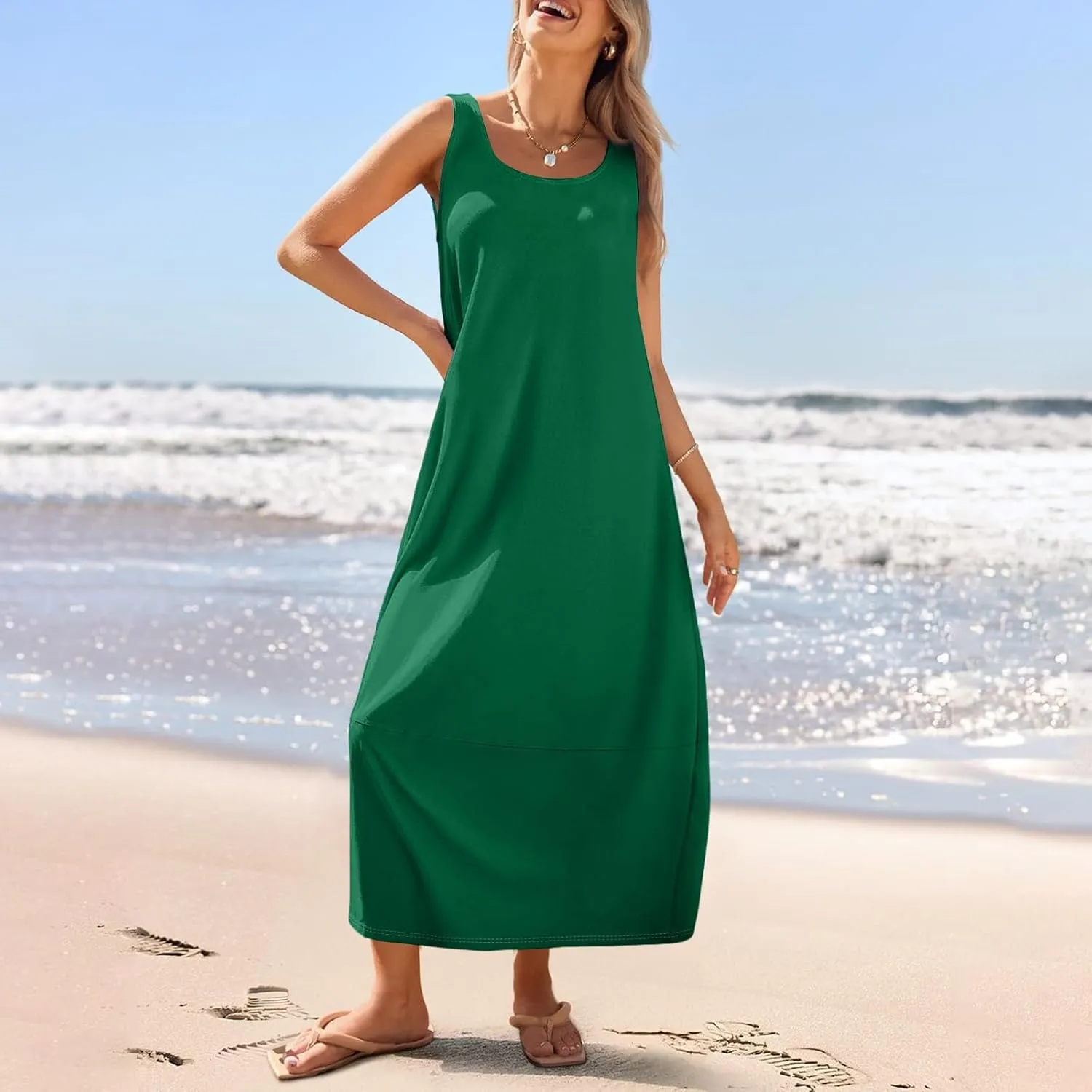 Women's Loose Casual Midi Cotton Dresses Sundress Sleeveless Beach Summer Trendy Tank Top Dress with Pockets