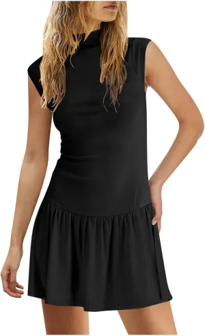 Womens Mock Neck Sleeveless Mini Dress Casual Summer Flowy Dresses Loose Fit Ruffle Hem Dress Comfy Trendy Sundress