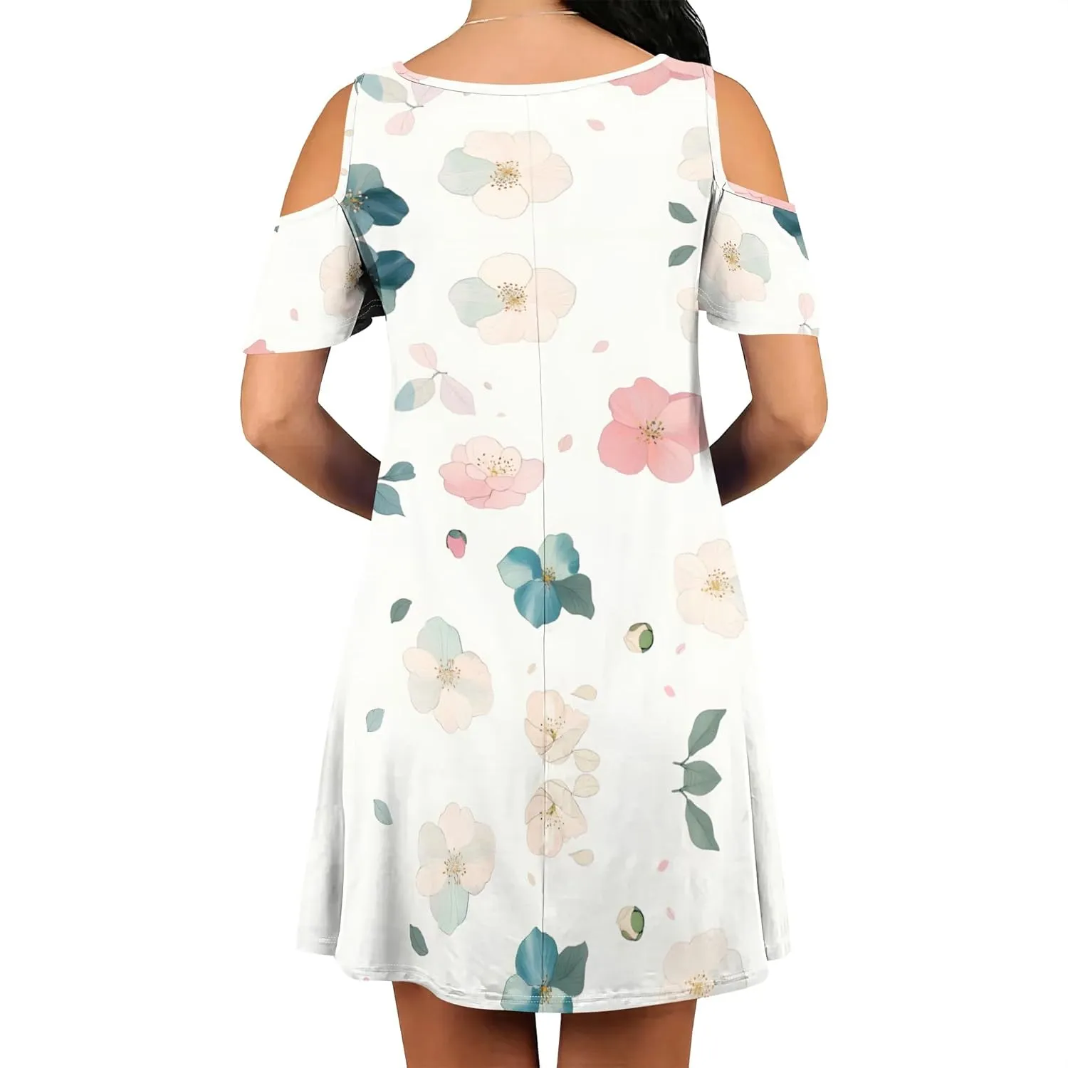 Women's Off Shoulder Dress Floral Print Short Sleeve Sundress Casual Flowy A-Line Mini Dress Beach Party Short Skirt