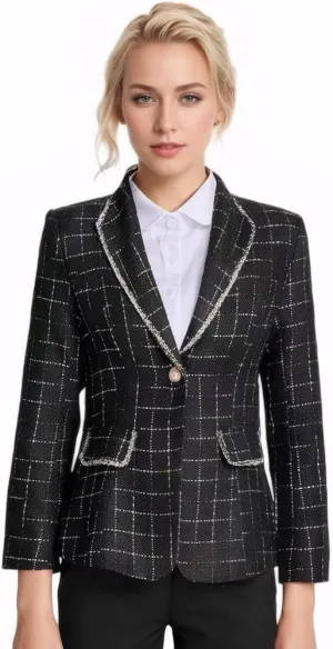 Women's Office Business Casual Lapel Collar Tweed Suit Jacket with Plaid Buttons and Pockets