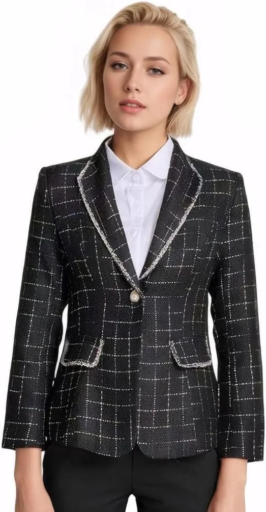 Women's Office Business Casual Lapel Collar Tweed Suit Jacket with Plaid Buttons and Pockets