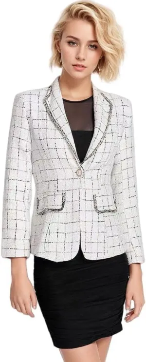 Women's Office Business Casual Lapel Collar Tweed Suit Jacket with Plaid Buttons and Pockets