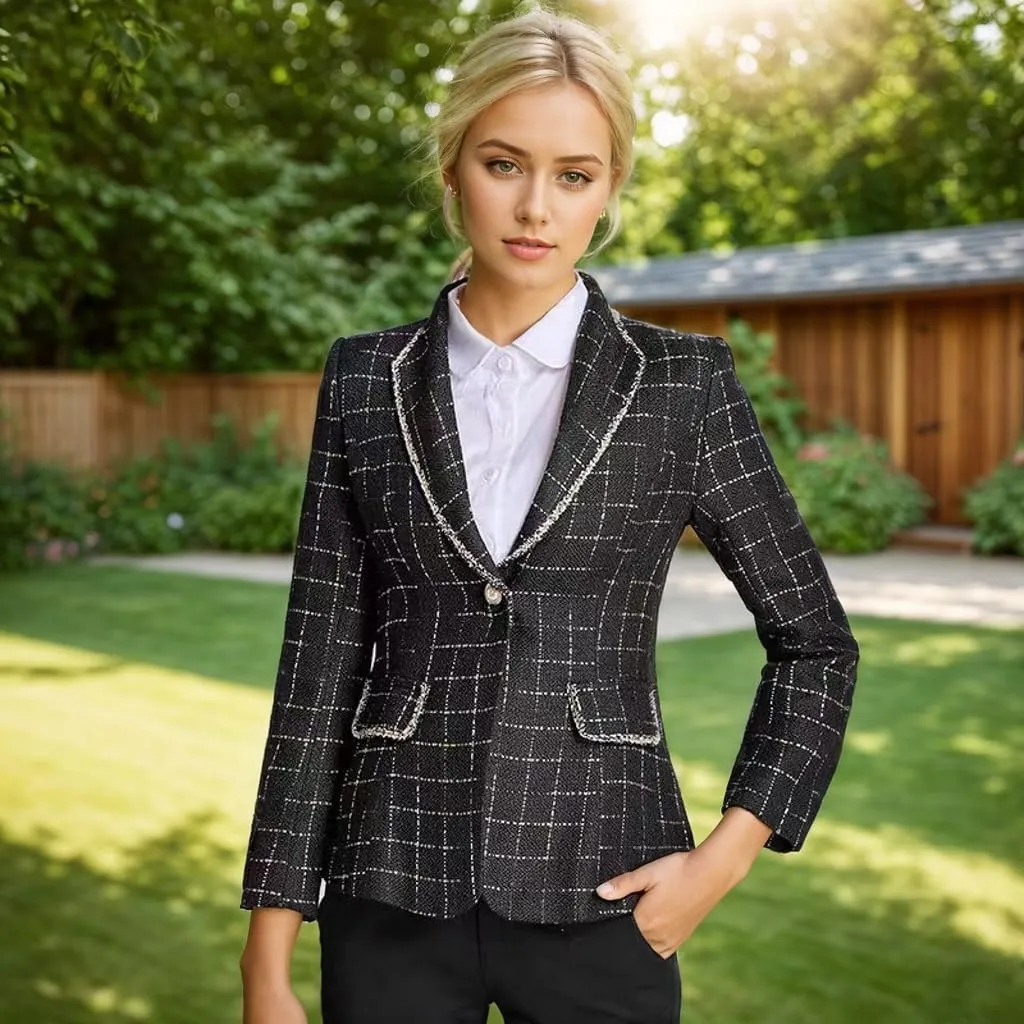Women's Office Business Casual Lapel Collar Tweed Suit Jacket with Plaid Buttons and Pockets