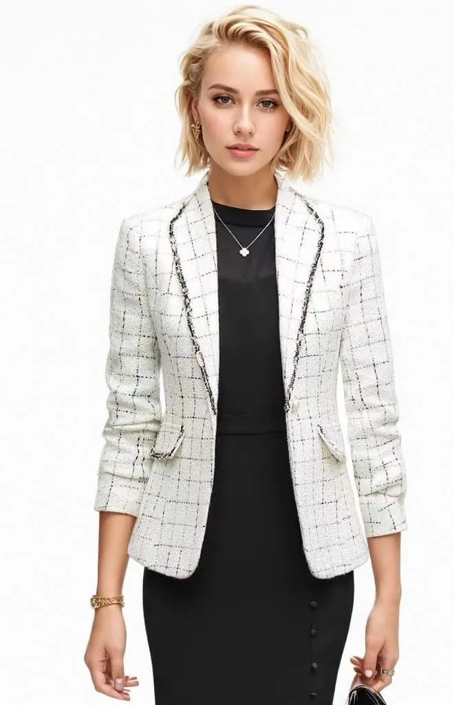 Women's Office Business Casual Lapel Collar Tweed Suit Jacket with Plaid Buttons and Pockets