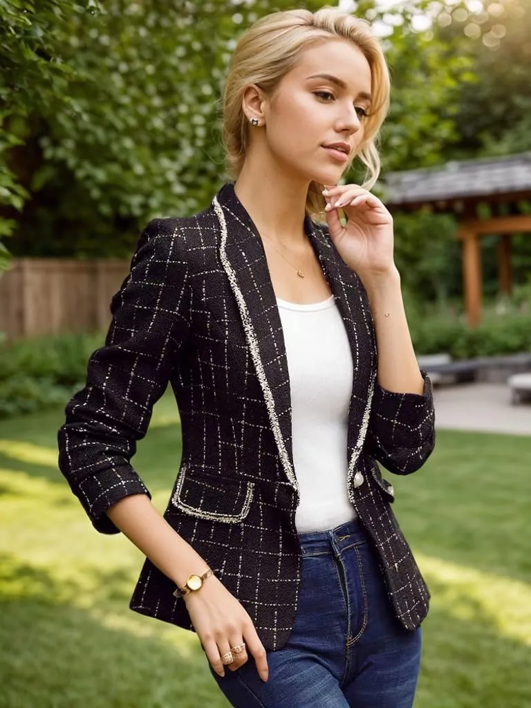 Women's Office Business Casual Lapel Collar Tweed Suit Jacket with Plaid Buttons and Pockets
