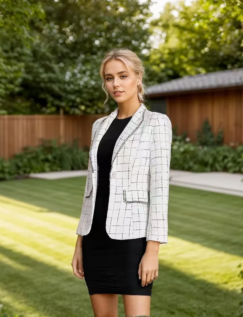 Women's Office Business Casual Lapel Collar Tweed Suit Jacket with Plaid Buttons and Pockets