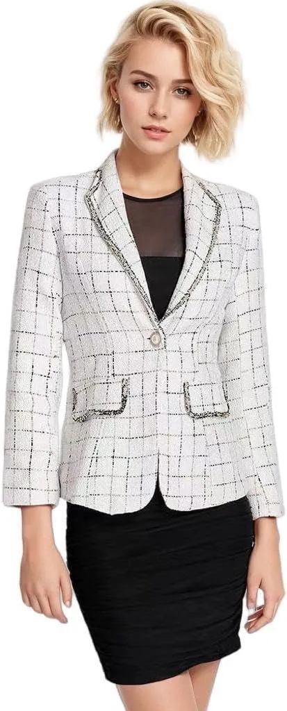 Women's Office Business Casual Lapel Collar Tweed Suit Jacket with Plaid Buttons and Pockets