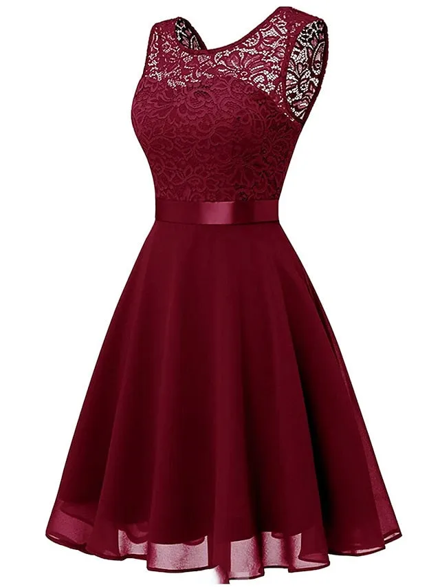 Women's Party Dress Lace Dress Knee Length Dress Pink Red Wine Dark Blue Red White Black Sleeveless Pure Color Lace Spring Summer Crew Neck Elegant 2022 XS S M L XL XXL XXXL