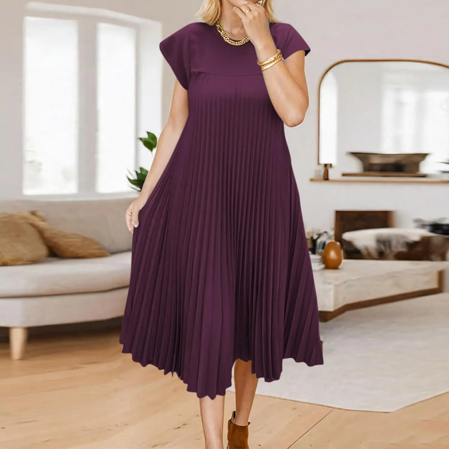 Women's Plus Size Ruched Casual Midi Dress, Summer Short Sleeve Crewneck Vacation Clothes Loose Fit Breathable Dresses