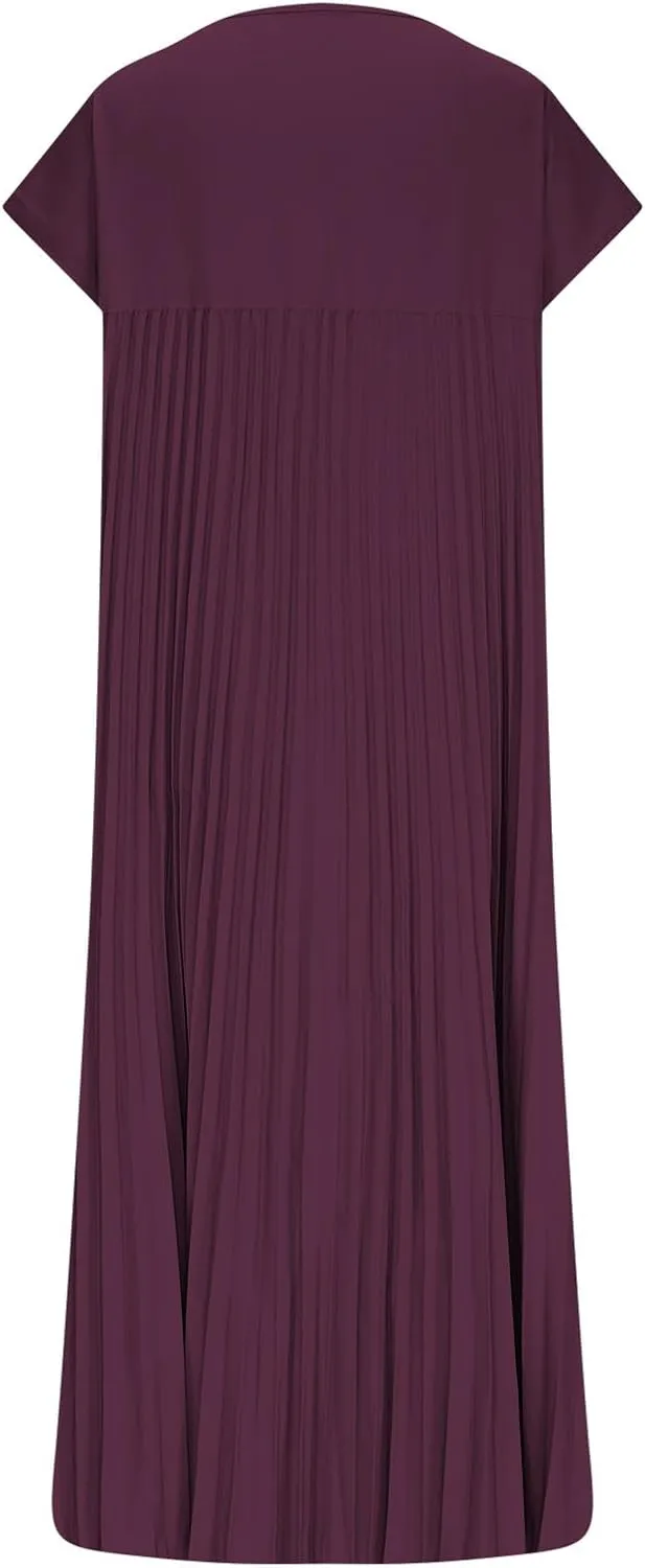 Women's Plus Size Ruched Casual Midi Dress, Summer Short Sleeve Crewneck Vacation Clothes Loose Fit Breathable Dresses