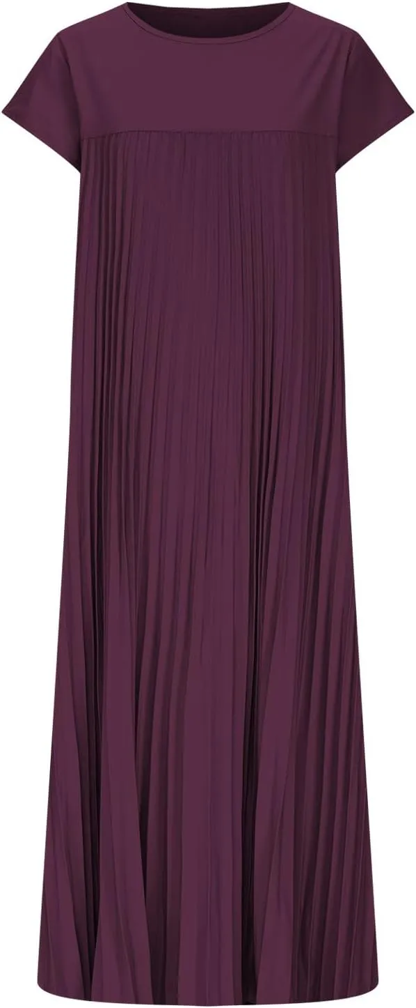 Women's Plus Size Ruched Casual Midi Dress, Summer Short Sleeve Crewneck Vacation Clothes Loose Fit Breathable Dresses
