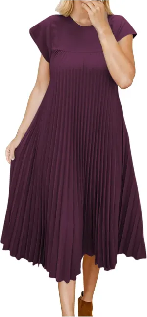 Women's Plus Size Ruched Casual Midi Dress, Summer Short Sleeve Crewneck Vacation Clothes Loose Fit Breathable Dresses