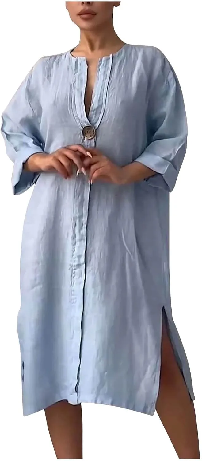 Womens Plus Size Summer Dress Cotton Linen Trendy 3/4 Sleeve Dresses Casual Loose Side Split V Neck Midi Shirt Dress