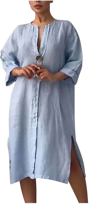 Womens Plus Size Summer Dress Cotton Linen Trendy 3/4 Sleeve Dresses Casual Loose Side Split V Neck Midi Shirt Dress