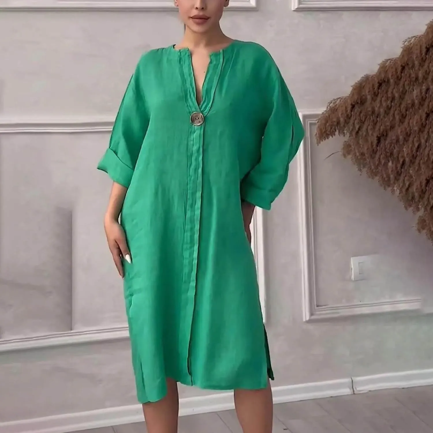 Womens Plus Size Summer Dress Cotton Linen Trendy 3/4 Sleeve Dresses Casual Loose Side Split V Neck Midi Shirt Dress